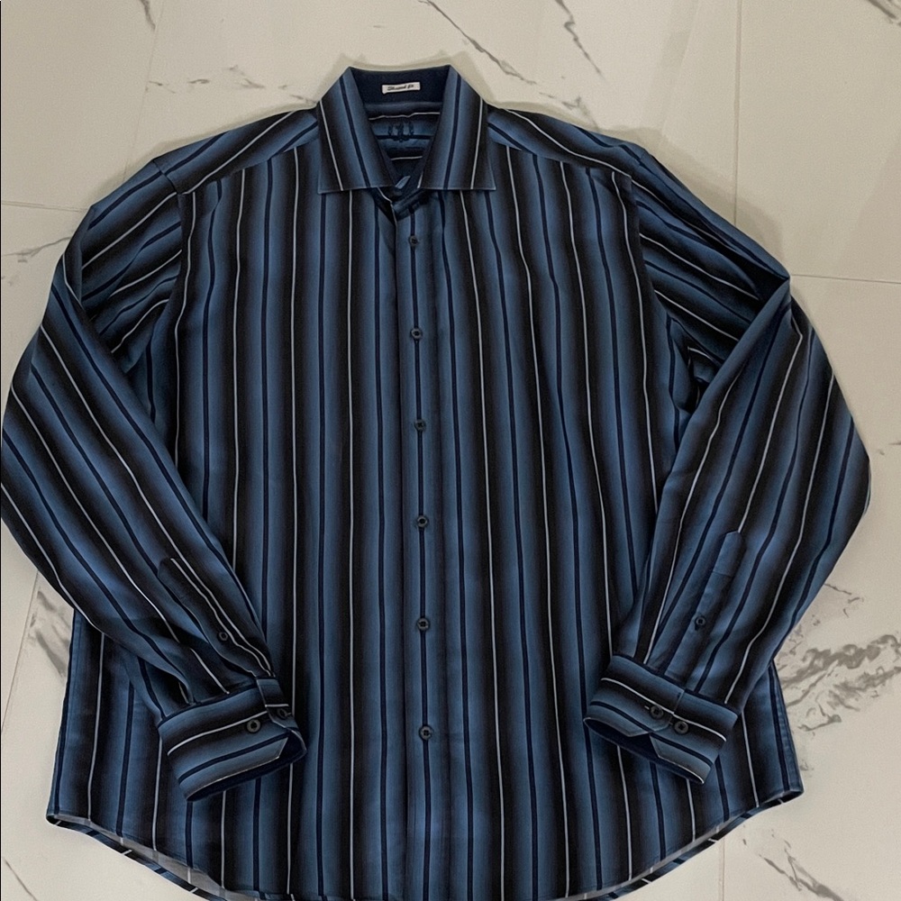 Bugatchi Men's Navy and Black Vertical Stripe Dress Shirt size XL
